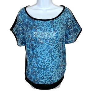 Medium Blue Sequined Leopard Print Short Sleeve Top Wrangler Rock 47 Stretch